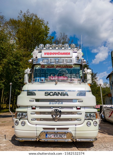 Derventa\
/ Bosnia and Herzegovina - August 4, 2019: Scania semi truck \
parked in the parking lot. Swedish automotive industry manufacturer\
of specifically heavy trucks and buses. -\
Image