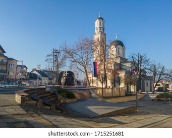 Derventa / Bosnia And Herzegovina - January 15, 2020: Serbian Orthodox Church Of The Assumption Of The Blessed Virgin Mary And Central Memorial To Soldiers Of Republika Srpska Army On Orthodoxy Square