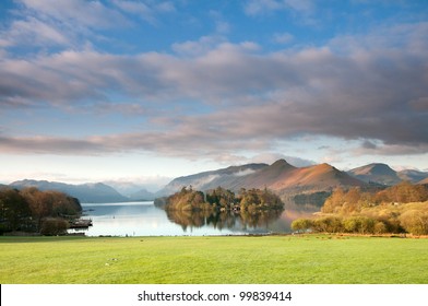 Derwent Waterand and Skiddaw mountain in background, Lake District National Park, Cumbria, England.