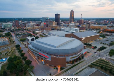 DES MOINES, IA, USA - AUGUST 10, 2017: Aerial Drone Photo Of The Wells Fargo Arena At Dusk