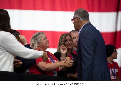 DES MOINES, IA/USA-AUGUST 10 2019: Massachusetts Governor Jay Inslee Speaks At The Urgent Presidential Forum For Gun Safety At The Iowa Event Center. 