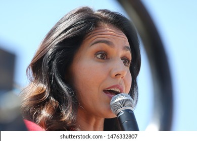 DES MOINES, IA/USA-CIRCA AUGUST 2019: Tulsi Gabbard Speaks From The Stage At The Des Moines Register Soapbox At The Iowa State Fair. 