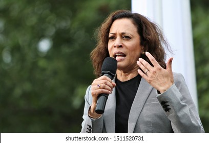Des Moines, Iowa - September 21, 2019:  Kamala Harris, California Senator and Democratic Presidential Candidate, speaks to the crowd at a political rally.