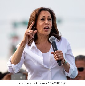 Des Moines, Iowa / USA - August 10, 2019: United States Senator and Democratic presidential candidate Kamala Harris greets supporters at the Iowa State Fair political soapbox in Des Moines, Iowa.