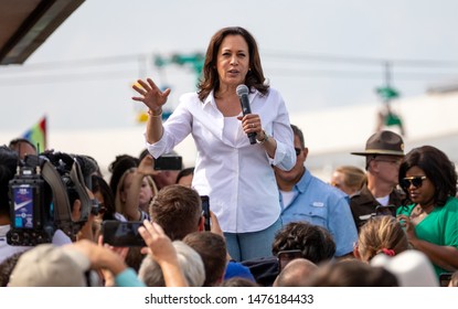 Des Moines, Iowa / USA - August 10, 2019: United States Senator and Democratic presidential candidate Kamala Harris greets supporters at the Iowa State Fair political soapbox in Des Moines, Iowa.