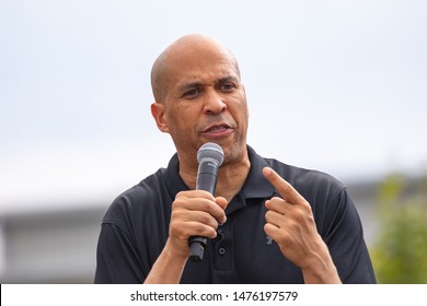 Des Moines, Iowa / USA - August 10 2019: United States Senator and Democratic presidential candidate Cory Booker greets supporters at the Iowa State Fair political soapbox in Des Moines, Iowa.