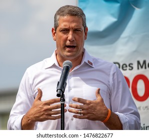 Des Moines, Iowa / USA - August 10 2019: United States Congressman and Democratic presidential candidate Tim Ryan greets supporters at the Iowa State Fair political soapbox in Des Moines, Iowa.