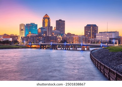 Des Moines, Iowa, USA. Cityscape image of Des Moines skyline, Iowa, USA at summer sunset.