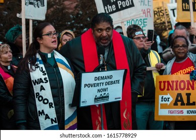 Des Moines, Iowa / USA - January 14, 2020: Fight Poverty Not The Poor Protest At Drake University Outside Of The Democratic Debate In Des Moines, Iowa.