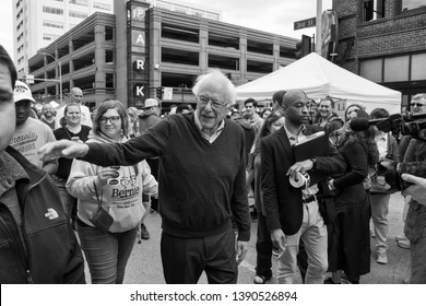 Des Moines, Iowa, USA. May 4, 2019. Presidential Candidate Senator Bernie Sanders (D - Vermont) Visits The Downtown Des Moines Farmers Market In Des Moines, Iowa.