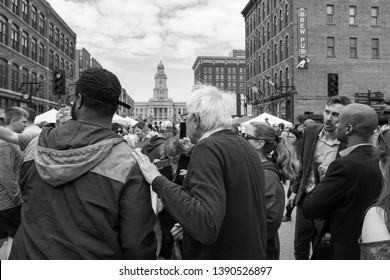 Des Moines, Iowa, USA. May 4, 2019. Presidential Candidate Senator Bernie Sanders (D - Vermont) Visits The Downtown Des Moines Farmers Market In Des Moines, Iowa.