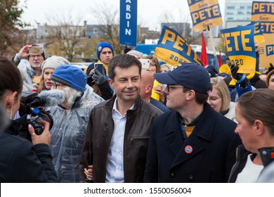 Des Moines, Iowa, USA November 1, 2019
Democratic Presidential Candidate Pete Buttigieg (D-Indiana) Walks With Supporters To The Iowa Democratic Party’s Liberty And Justice Celebration In Des Moines, 