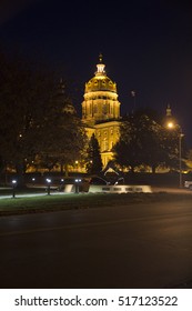 Des Moines, Iowa-November 12, 2016: Iowa State Capitol Dome Seen From A Distance At Night