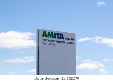 Des Plaines, Illinois, USA - March 27, 2022: The Sign For AMITA Health Holy Family Medical Center In Des Plaines, Illinois, USA. AMITA Health Is An Interfaith Health System. 