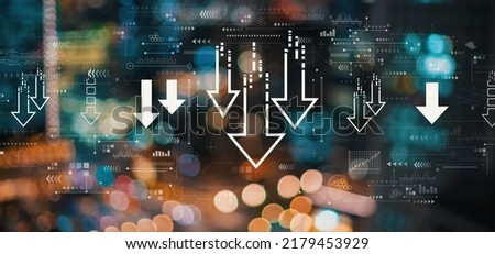 Descending arrows with blurred city abstract lights background