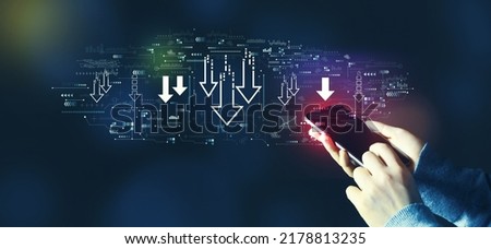 Descending arrows with person using a smartphone