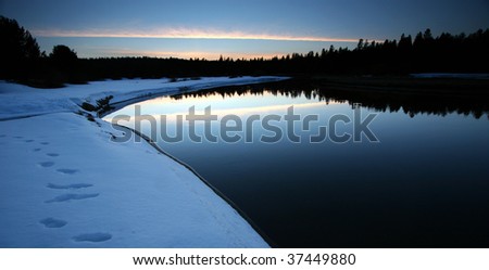 Similar – Image, Stock Photo Sunriver Oregon at dusk, the Deschutes River with beautiful colors from the sky reflect off the still water