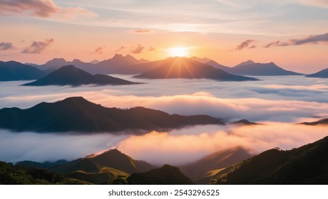 Description:
"Capture the beauty of a tranquil sunrise over misty mountains, where soft, golden sunlight gently lights up the valleys below. This image portrays the calmness of nature and the breathta