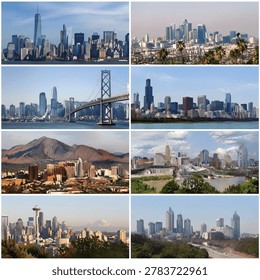 Description A panoramic view showcasing iconic American city skylines, featuring towering skyscrapers, bustling urban architecture, and modern infrastructure. The scene captures the essence of major metropolitan areas in the United States, highlighting the blend of architectural marvels and city life.