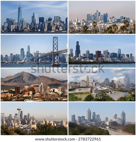 Description A panoramic view showcasing iconic American city skylines, featuring towering skyscrapers, bustling urban architecture, and modern infrastructure. The scene captures the essence of major metropolitan areas in the United States, highlighting the blend of architectural marvels and city life.