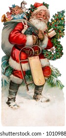 Description: A Vintage Christmas Illustration Of Santa Claus With A Bag Of Gifts (circa 1890)