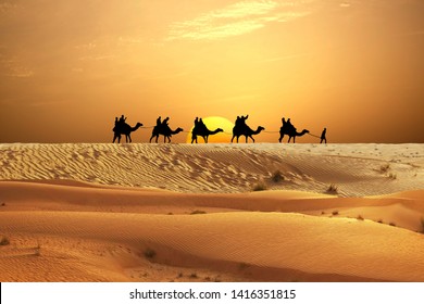 Desert Adventure With Camels Ride And Travellers On Sand Dunes 
                           