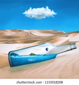 Desert, Bottle, Ocean, Water, island, world, hot air ballon, photo manipulation, blue