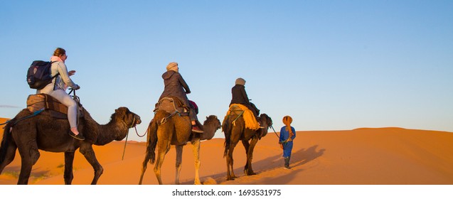 Desert Camel Trek With A Sunset And A Berber