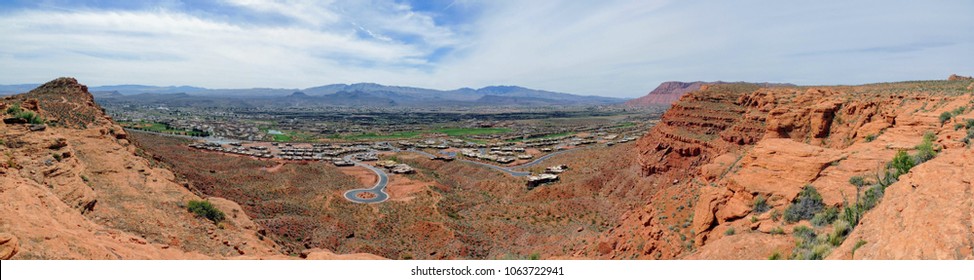 Desert And City Panoramic Views From Hiking Trails Around St. George Utah Around Beck Hill, Chuckwalla, Turtle Wall, Paradise Rim, And Halfway Wash Trails In Western USA