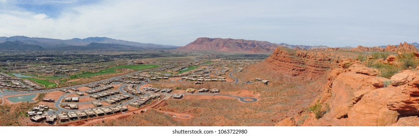 Desert And City Panoramic Views From Hiking Trails Around St. George Utah Around Beck Hill, Chuckwalla, Turtle Wall, Paradise Rim, And Halfway Wash Trails In Western USA