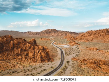 Desert Drone Shot Above The Road