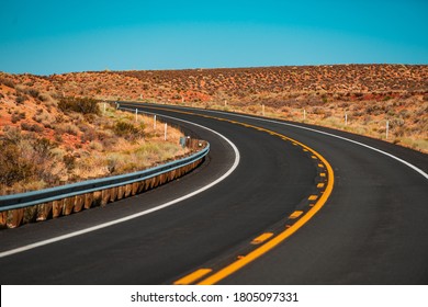 Desert Highway At Sunset, Travel Concept, USA. American Roadtrip. Route 66