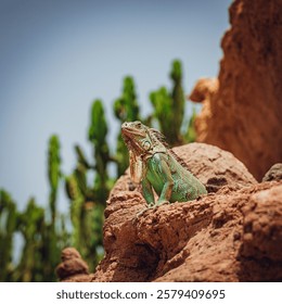Desert Iguana Basking on Red Rock with Cacti in Summer Landscape, Sunny Day Wildlife Scene in Arid Environment