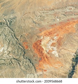 Desert Land On Satellite Picture, Aerial Top View Of Terrain, Physical Map As Abstract Texture Background. Theme Of Nature Pattern, Photo And Topography. Elements Of This Image Furnished By NASA. 