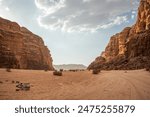 Desert Landscape with Rock Formation during Afternoon in Jordan. Beautiful Outdoor Scenery of Wadi Rum with Sandy Surface.