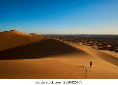 Desert landscape with a solitary figure walking on sand dunes during sunset in a clear sky - Powered by Shutterstock