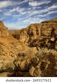Desert landscape, surrounded by cliffs, while descending into the Fish River Canyon in Namibia