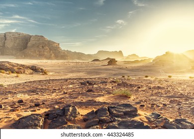 Desert Landscape of Wadi Rum in Jordan, with a sunset, stones, bushes and the sky. - Shutterstock ID 443324485
