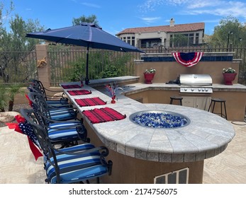 A Desert Landscaped Home In Arizona Decorated For A Fourth Of July Celebration.
