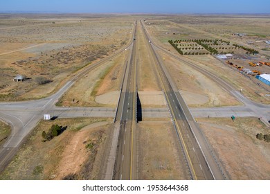 Desert Road Aerial Panorama Of A New Two Lane Road Surrounded By Desert Landscape Near San Jon New Mexico US