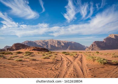 Desert Road In Wadi Rum, Jeep Traces In The Sand