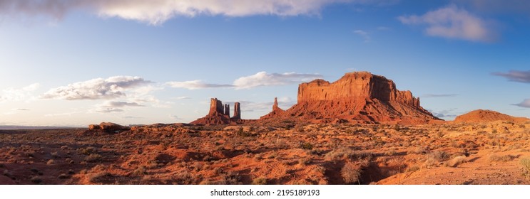 Desert Rocky Mountain American Landscape. Colorful Sunrise Sky Art Render. Oljato-Monument Valley, Utah, United States. Nature Background Panorama - Powered by Shutterstock