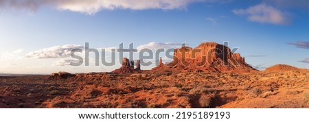 Desert Rocky Mountain American Landscape. Colorful Sunrise Sky Art Render. Oljato-Monument Valley, Utah, United States. Nature Background Panorama