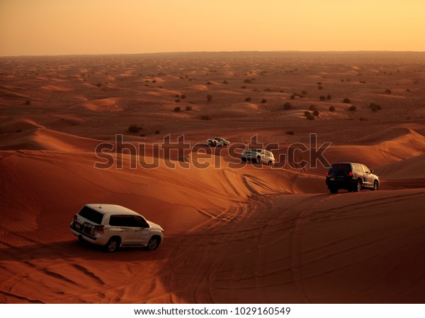 Desert safari cars shows on\
Rub\' Al Khali desert in Dubai, United Arab Emirates, 20 June 2016. \
