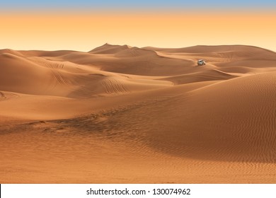 Desert Safari On Sunset With Beautiful Sky Near Dubai. UAE