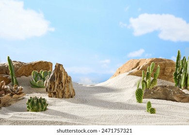 Desert scene with yellow sunshine and blue sky, many types of desert plants and different shape rocks around, leaving vacant space in center for adding design elements. Front view photo - Powered by Shutterstock