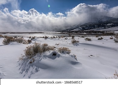 Desert Snow Winter Washoe Valley Sagebrush Shadows Clouds Sun Blue Sky Landscape Northern Nevada