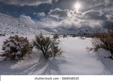 Desert Snow Winter Washoe Valley Sagebrush Shadows Clouds Sun Blue Sky Landscape Northern Nevada