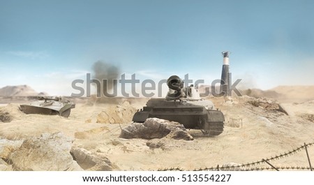 Desert tanks battlefield background. Desert war tanks battle scene with explosions, barbed wire  ruins background.