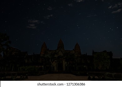 Deserted Angkor Wat Temple At Night In Cambodia 